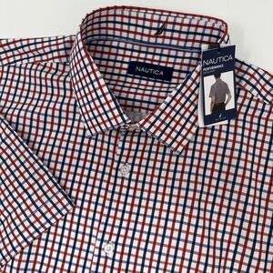 Nautica Mens XL Red Blue Plaid Short Sleeve Button Front Performance Shirt NEW‎